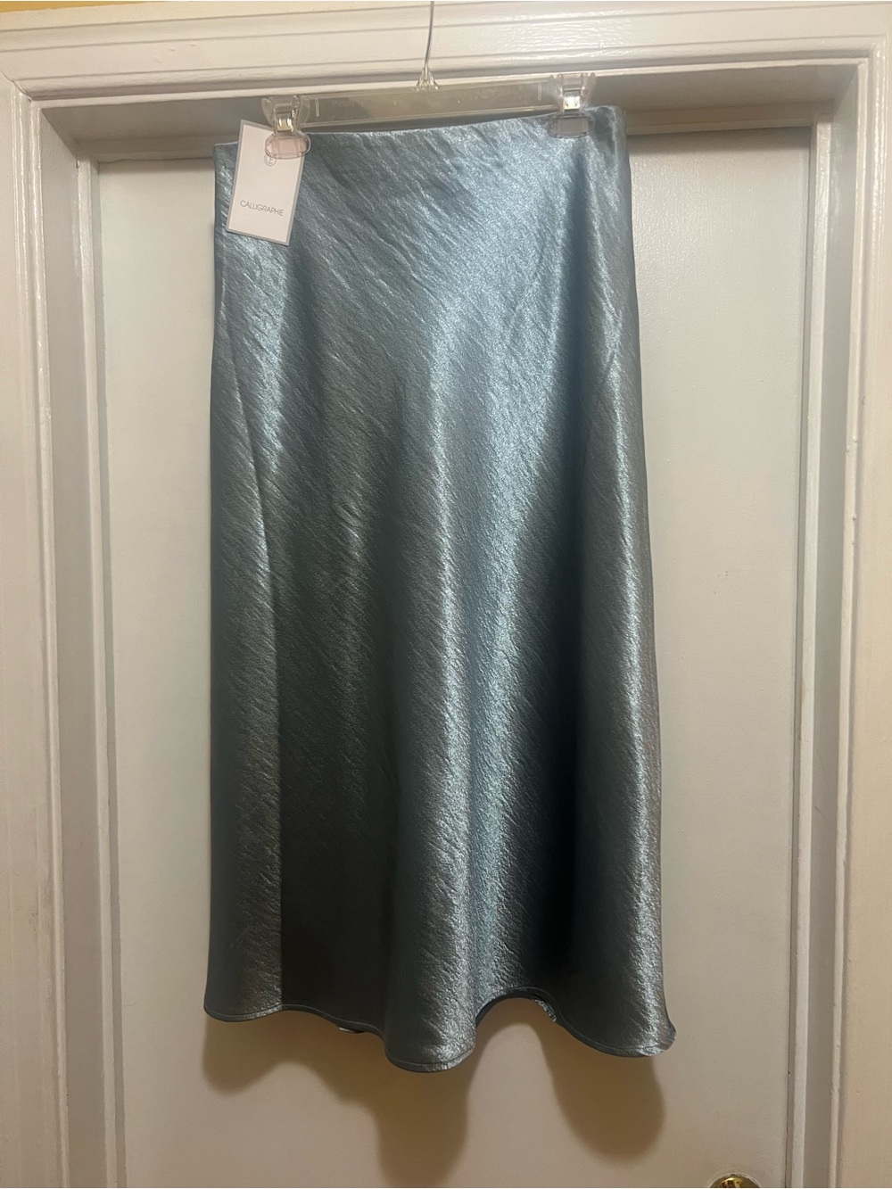 Calvin Klein Metallic Steel-Blue Satin Midi Skirt